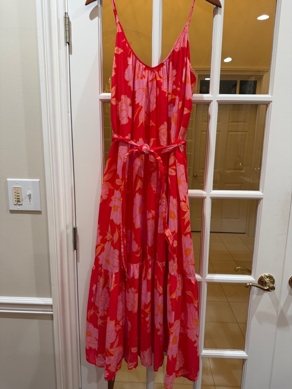 COASTAL GRANDMILLENNIAL Bright Floral Cotton Tiered Maxi Dress Boho Pink Red L
